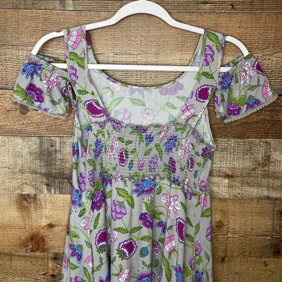Matilda Jane 435 Ever and Ever Gray Floral Smocked Cold Shoulder Dress Size 14 - Picture 7 of 12